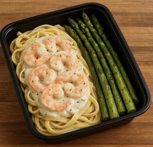 Shrimp Alfredo with Roasted Asparagus